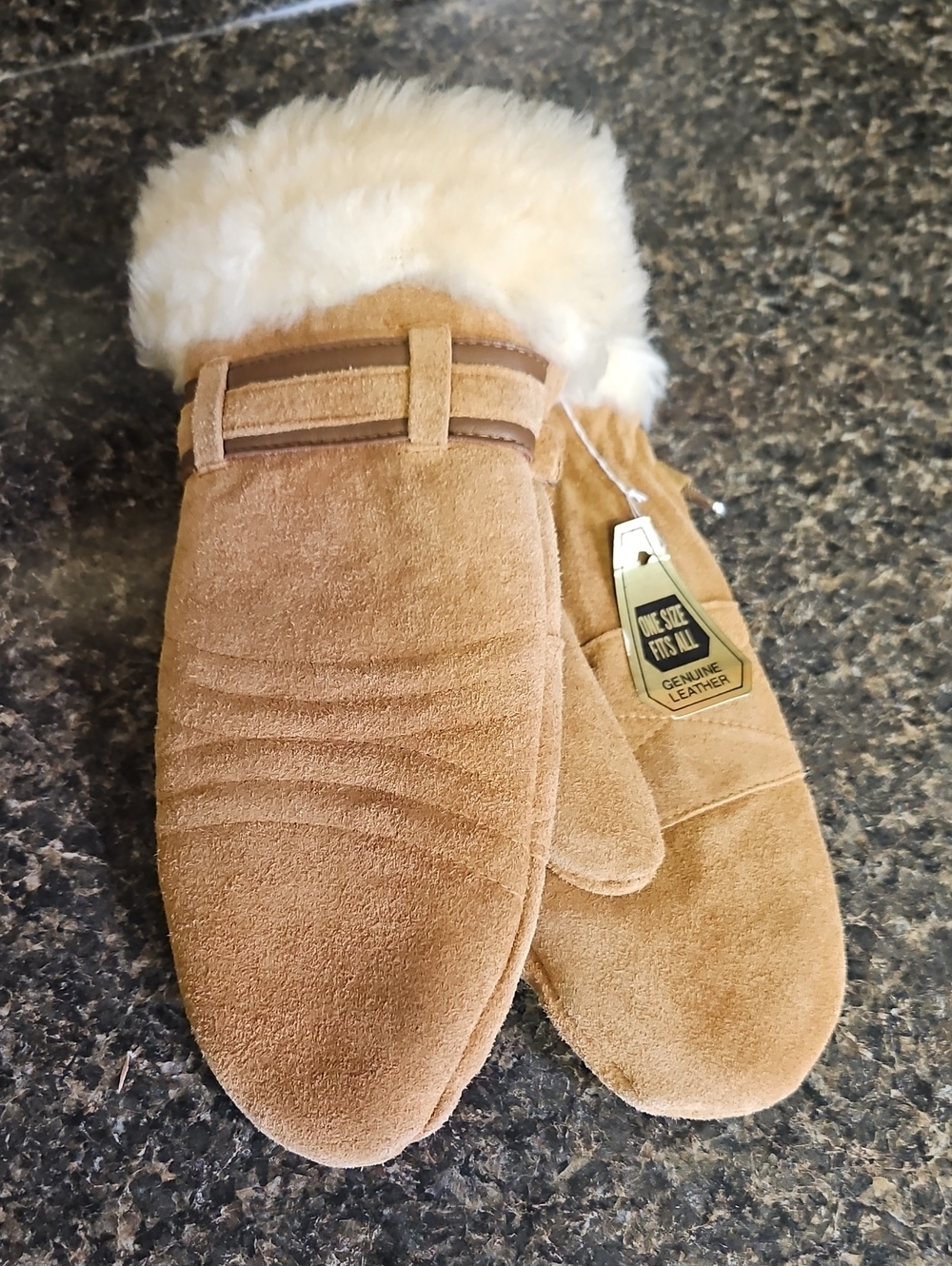 Genuine Leather Suede Fur Trim Mittens BNWT